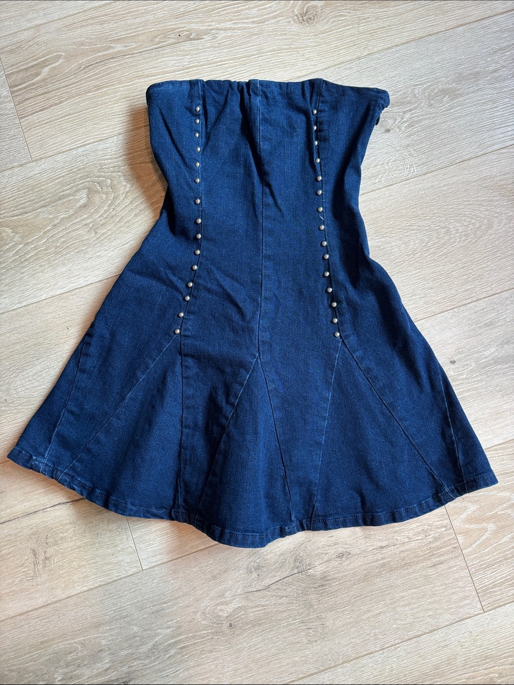 Edikted Strapless Dark Blue Denim Fit-and-Flare mini Dress studded embellished